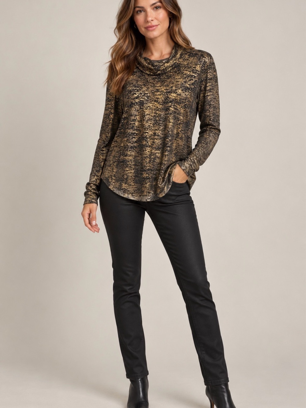 Rachel Roy Metallic Gold & Black Cowl Neck Sweater, Size L